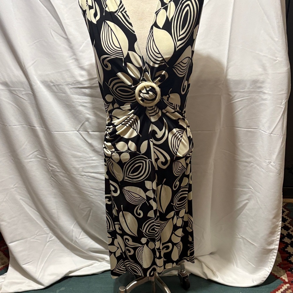 XOXO Black and Cream Twist-Front Midi Dress with Buckle